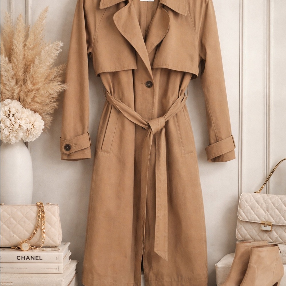 Abercrombie & Fitch Classic Camel Belted Trench Coat/ Drape Front Trench - Picture 2 of 7
